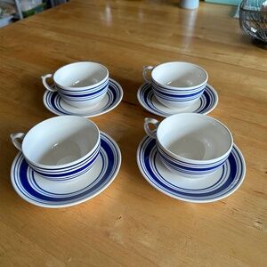 FARMSTEAD TICKING Ralph Lauren, Cups & Saucers, set of 4, Blue, IRONSTONE